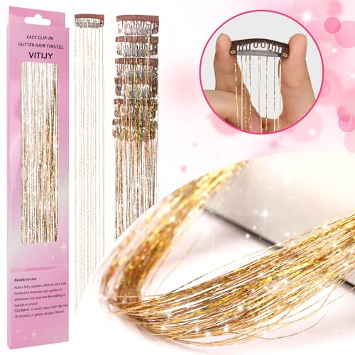 Pack of 18 Pcs Clip in Hair Tinsel Kit, 23.6 Inch Heat Resistant Glitter Tinsel Hair Extensions, Fairy Hair Sparkle Strands Party Birthday Gift Hair Accessories for Women Girls Kids(Gold)