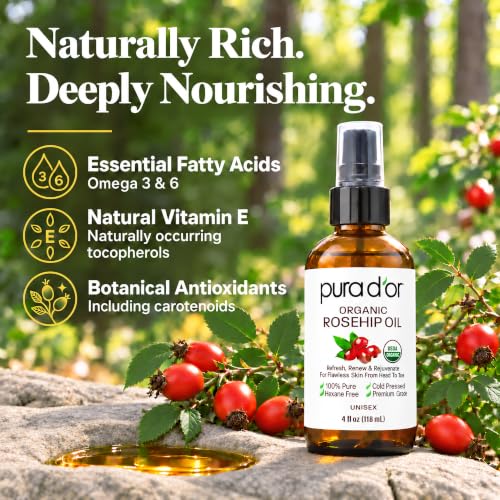 PURA D'OR USDA Organic Rosehip Seed Oil 4oz Cold-Pressed Face & Hair Treatment