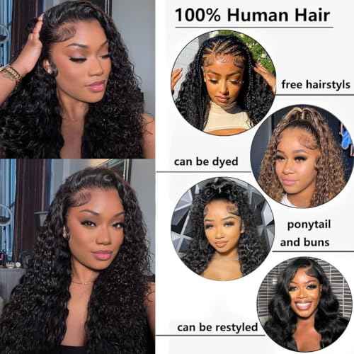Caijuxing 34 Inch Water Wave Lace Front Wigs Human Hair 200 Density 13x6 HD Lace Front Wigs for Women Pre Plucked Glueless Deep Curly Human Hair Wig Natural Black (34 Inch)