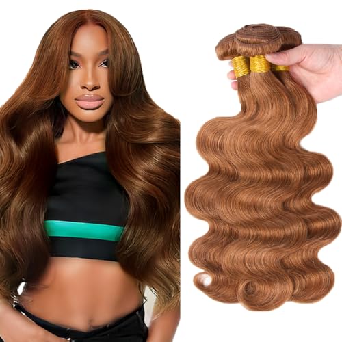 AuokMar Light Brown Human Hair Bundles 16-20 Inch Body Wave 3 Pack 100% Virgin Brazilian Hair
