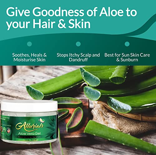 Allurials Pure Aloe Vera Gel 12 oz - Organic & Dermatologist Tested