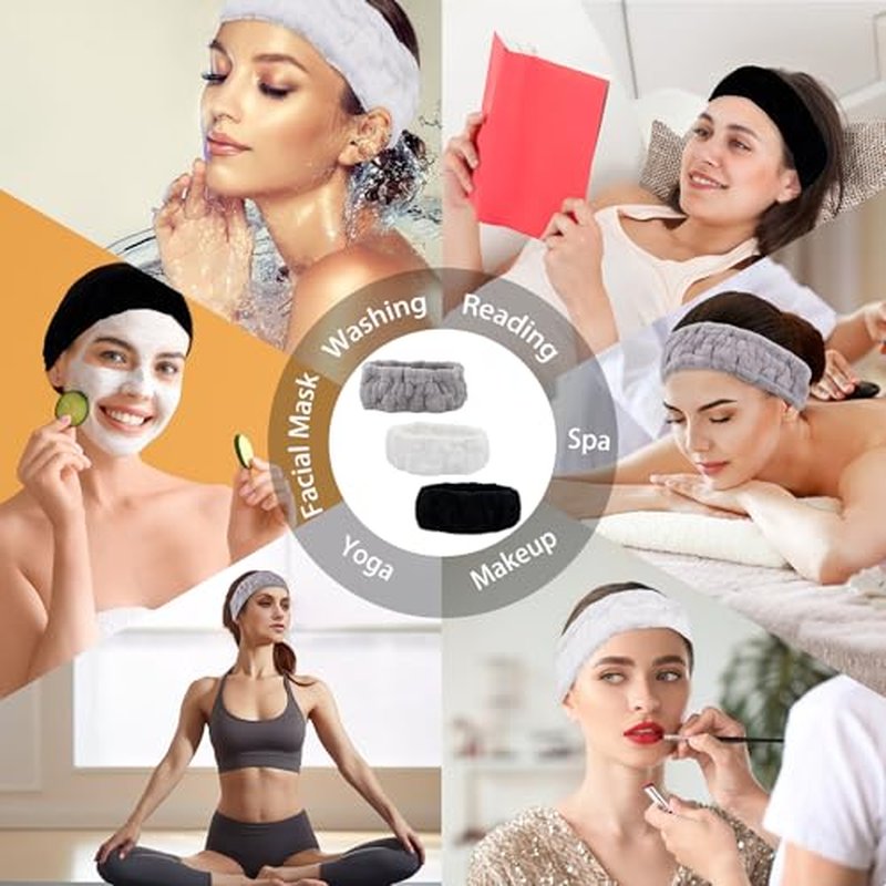 Microfiber Spa Headband 3-Pack for Face Washing & Makeup - Soft Terry Cloth in Black, Gray, White