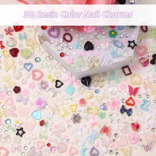Assorted Nail Charms Kit, 3D Nail Charms and Flatback Pearls Gems Set, Gold Silver Nail Bows, Flower Butterfly Bows 3D Asssorted Nail Charms and Gems, Nail Pearls for Nail Art DIY with Pickup Tools