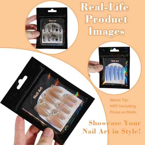 202pcs Press on Nail Packaging Bag, 100pcs Empty Holographic Nail Storage Bag and 100pcs Instruction&Display Black Cardboard with 2 Roll Transparent Tape for Nail Display Profession Salon (Black, 100)