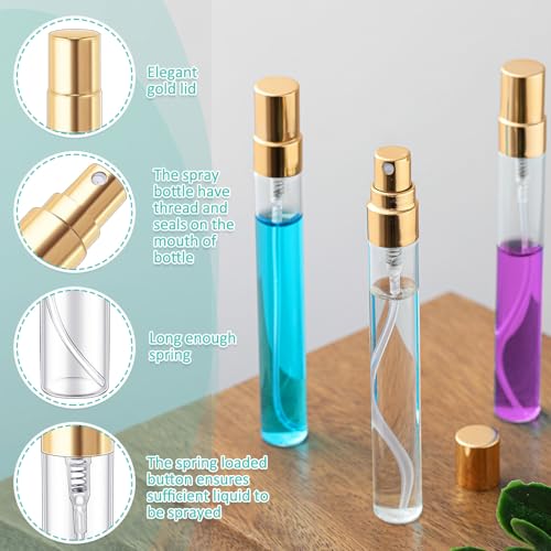 Zhehao 100 Pcs Mini Spray Bottles 10 ml Clear Glass Perfume Bottles Refillable Fine Mist Perfume Atomizer Portable Empty Sample Containers for Cleaning, Essential Oils, Travel (Gold Cap)