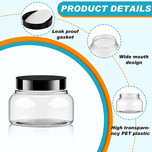 Tessco for you 24 Pack Plastic Jars with Lids Labels Multiuse Containers Empty Body Scrub Jars Round Refillable Cosmetic Body Butter Containers for DIY Slime Make Up Storage(8 oz,Clear, Black)