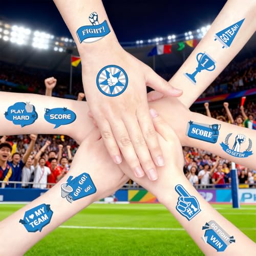 Y&C TENCOB Blue Team Spirit Tattoos Temporary -100Pcs 20 Styles | Go Team Tattoos School Spirit Stickers for Classroom Cheerleading Football Basketball Baseball Sports Games (Blue)