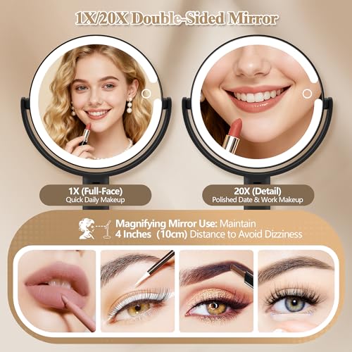 Magnifying Mirror with Light 20X, Height-Adjustable Lighted Makeup Mirror with Magnification, Double-Sided Aluminum Alloy LED Mirrors, 3 Lighting Modes Ideal for Bathroom Make-up, Gold