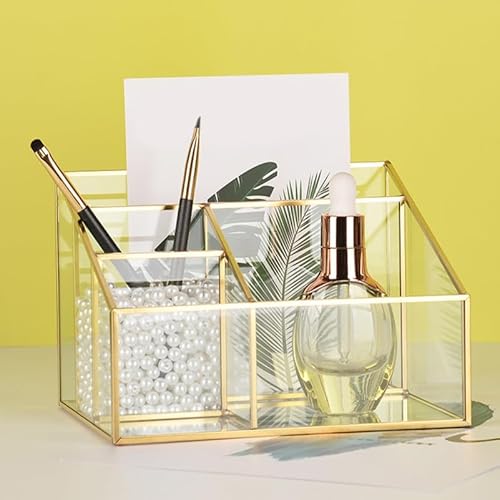 Alipis Glass Makeup Organizer with Gold Trim, Multi-Functional Cosmetic Storage Case for Vanity, Lipstick, Jewelry, Makeup Brush, Eyeliner Holder, 7.67 X 5.70 X 5.11 Inches