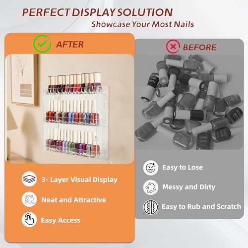 Transparent Nail Polish Organizer - 3-Tier Acrylic Nail Polish Rack, Wall-Mounted Sunglass Organizer, Essential Oils Storage Shelf (3 Tiers)