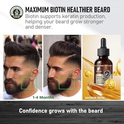 Biotin Beard Growth Oil for Men - Vitamin B5 & Castor Oil Formula, Nourish & Thicken Facial Hair, Daily Beard Care, Styling & Taming, Hydrating, Non-Greasy, Sandalwood 2oz Gift for Him
