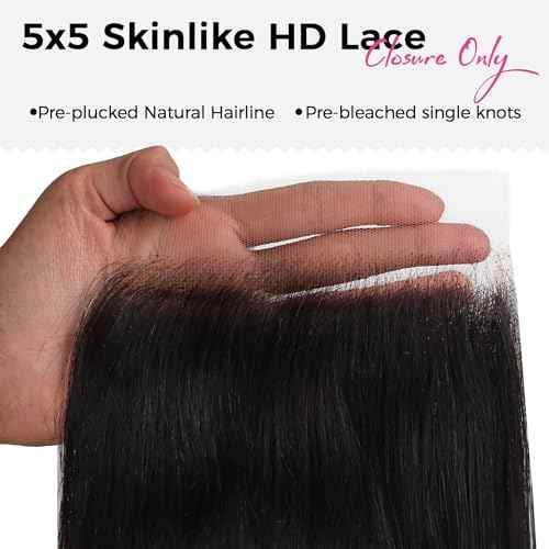 Lashey 5x5 SKINLIKE Real HD Lace Closure Body Wave, 0.10mm Ultra-Thin Human Hair Closure Pre Bleached Knots Pre Plucked Invisible Hairline 12 Inch Natural Black