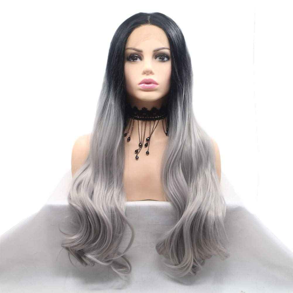 Kalisa Long Wavy Ombre Black to Grey Lace Front Wig Middle Part Body Wavy Silver Grey Synthetic Wig Heat Resistant Fiber Makeup Wig for Women 24 Inches