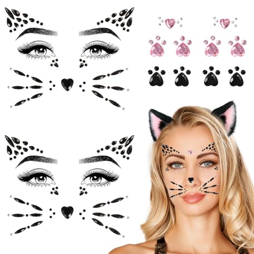 Cat Face Gems Stickers - Reusable Face Jewels for Parties