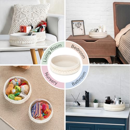 Mkono Macrame Makeup Storage Basket, Hand-Woven Ivory 11"