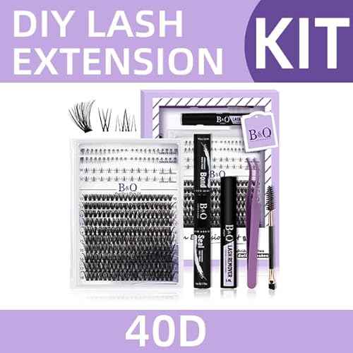B&Qaugen B&Q Eyelash Extension Kit with Bottom Lash Extension 10-18mm 40D D Curl Lash Clusters Kit with Bottom Lashes DIY Lash Extension Kit Bond and Seal Lash Applicator (Kit-40D-D-MIX10-18)