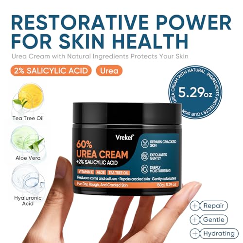 VREKEF Urea Cream 60% with 2% Salicylic Acid - Deep Hydration Foot Cream for Dry Cracked Heels & Calluses, 5.29 oz