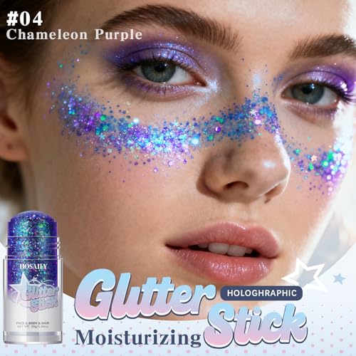 HOSAILY Holographic Body Glitter Stick - 1.06 OZ, Purple Shimmer for Face & Hair