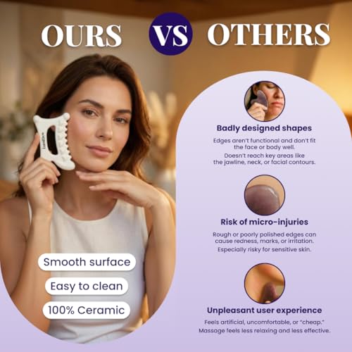 Ceramic Guasha Tool for Face & Body - Lymphatic Drainage Massager, Face Sculpting Tool, Jawline Shaper & Double Chin Reducer - Self Care Gifts