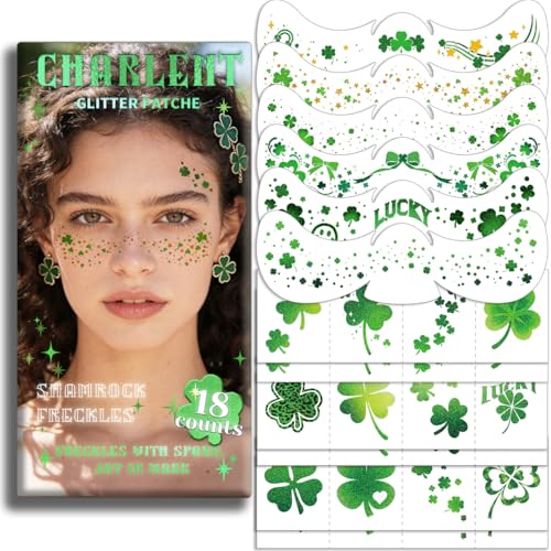 Glitter Shamrock Freckles Face Tattoos | 18 Sheets St. Patrick¡¯s Day Temporary Makeup Patches for Women Kids St. Patrick's Day Parade, Irish Festival Looks