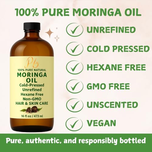 Moringa Oil ? 100% Pure, Cold-Pressed & Unrefined ? Moringa Seed Oil for Face, Skin, Hair & Body ? Hydrating, Anti-Aging Moisturizer ? 16 fl oz Amber Glass Bottle with Pump