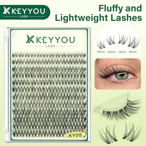 KEYYOULASH Lash Clusters Manga Lash Extension C Curl 144pcs 8-18mm Wispy Eyelash Clusters Natural Volume Eyelash Extensions Individual Lashes DIY at Home(KY05,D-8-16MIX)