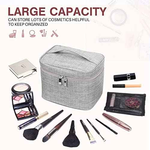 Large Makeup Bag Travel Makeup Cosmetic Bag Case Organizer Makeup Pouch with Mesh Bag Makeup Brush Holder Bag Toiletry Bags for Women - Grey