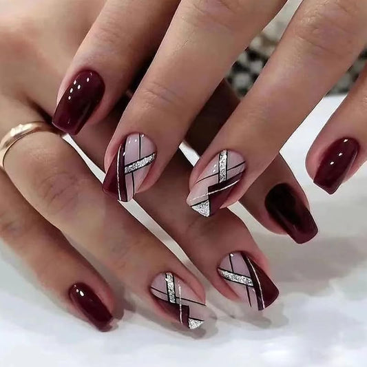 Fuldgaenr Press on Nails Medium Length Fake Nails Square False Nails Dark Wine Red Glue on Nail Design Glitter Lines Artificial Nail Acrylic for Women