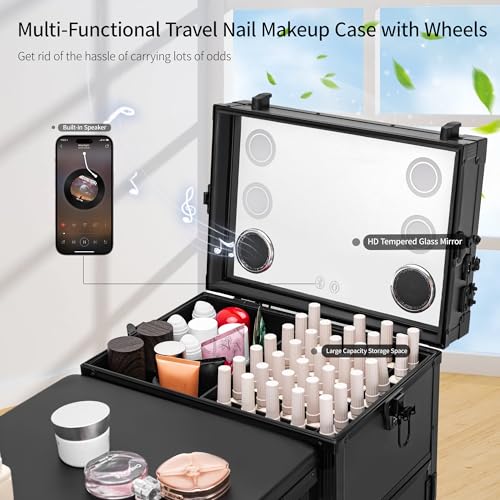 Portable Manicure Table with Drawers, Rolling Lockable Makeup Case