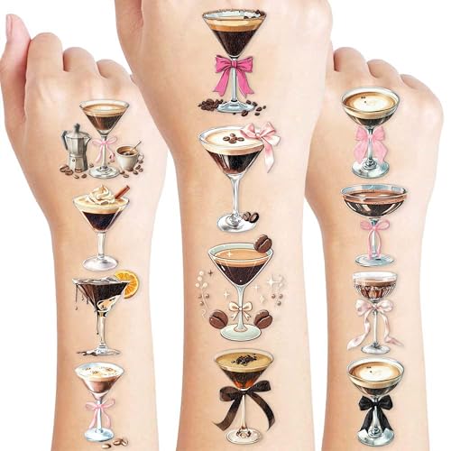 100PCS Espresso Martini Coffee Temporary Tattoos ? A Tini Bit Older Birthday Party Decorations Supplies Favors, Bow Cocktails Tini Bar Stickers for Women Girls Bachelorette Bridal Shower (Brown)