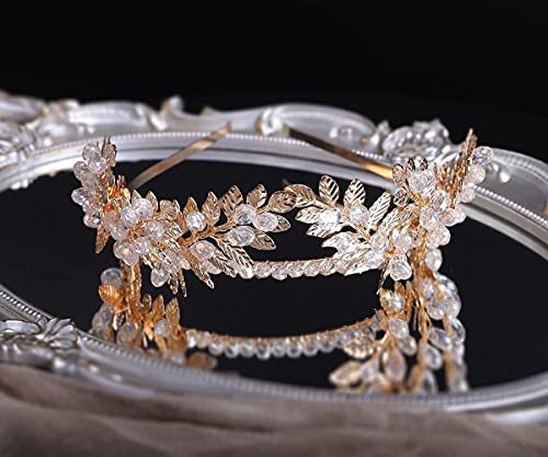 YERTTER Vintage Wedding Leaf Tiara Hair Crown Handmade Bride Hair Band Bridal Greek Goddess Pearl Head Pieces for Wedding Prom Birthday Party (Gold)