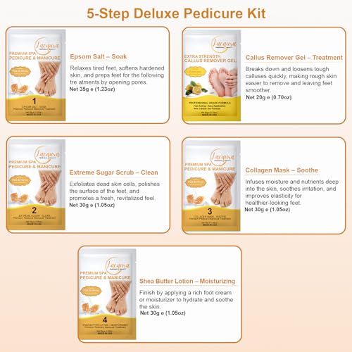 Lacqura 5-Step Deluxe Pedicure Spa Kit - At-Home Foot Care Set, Milk & Honey