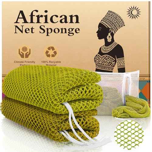 Real African Net Sponge - 2 Pieces Authentic Exfoliating Body Scrubbers - Ultra-Gentle for Sensitive/Dry/Oily Skin - Shower & Bath Essential (Army Green & Dark Army Green)