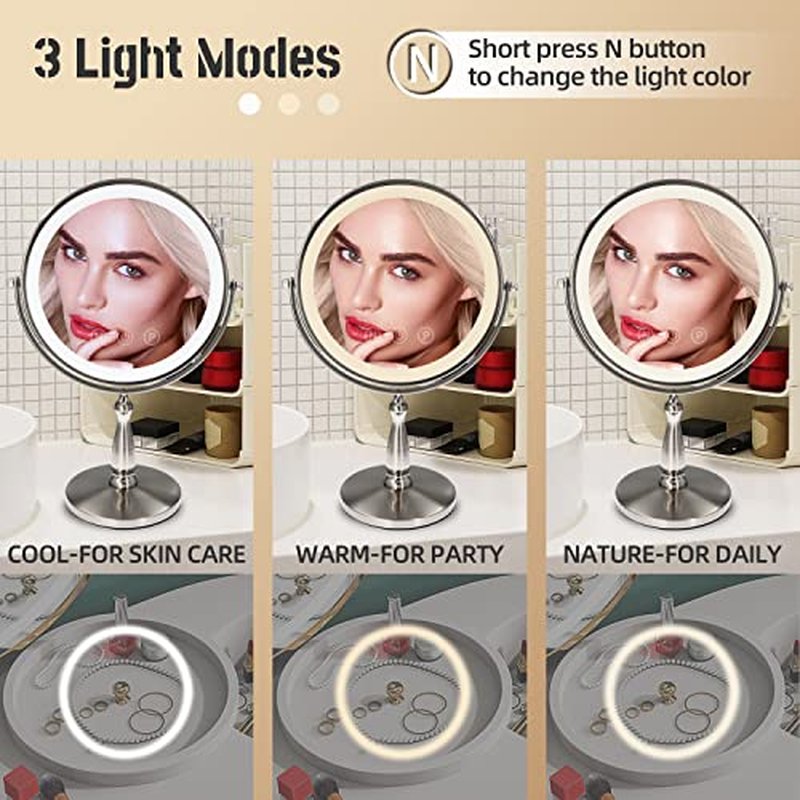 9 "Large Light Makeup Mirror, 1x / 10x True HD Magnifying Mirror, 3-Color Light dimmable, 2 Rechargeable Makeup Mirrors 360¡Æ Rotation, Standing Desk Makeup Mirror, Brush Nickel
