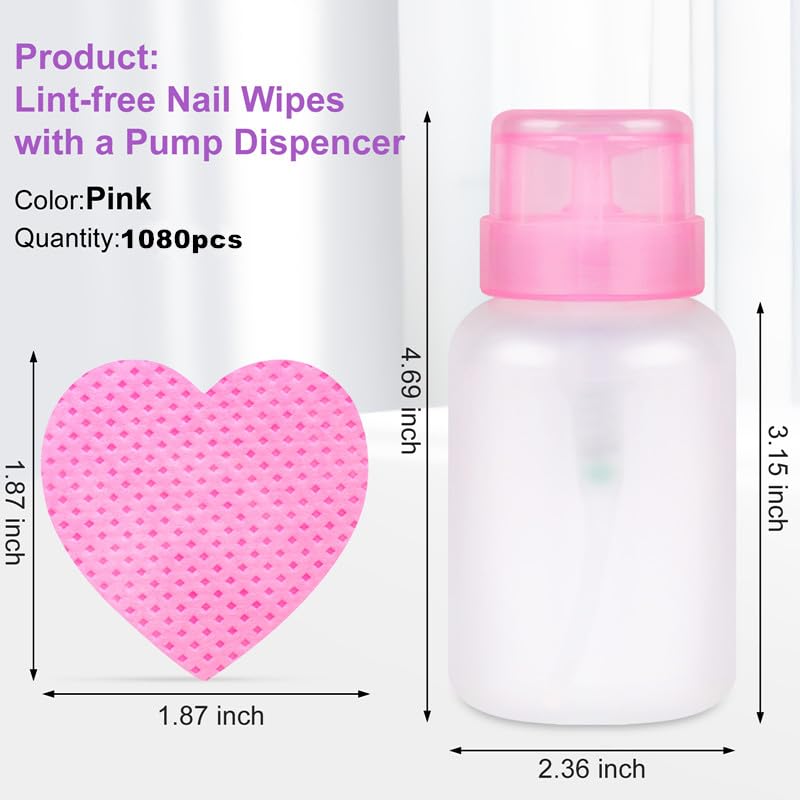1080 Lint-Free Nail Wipes with Pump Dispenser Bottle