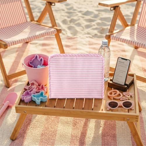 Gingham Travel Makeup Bag with Zipper Pouch, Pink
