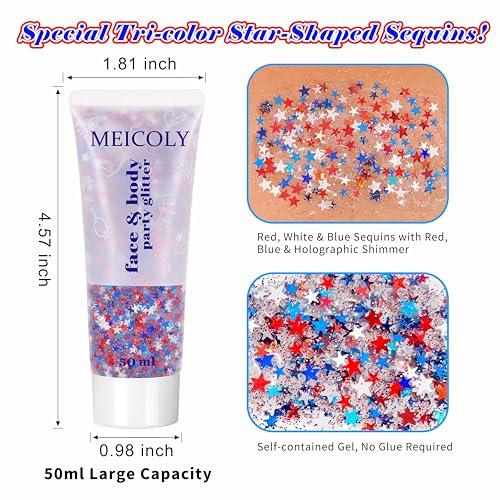 MEICOLY 50g Red White Blue Star Body Glitter - 4th of July