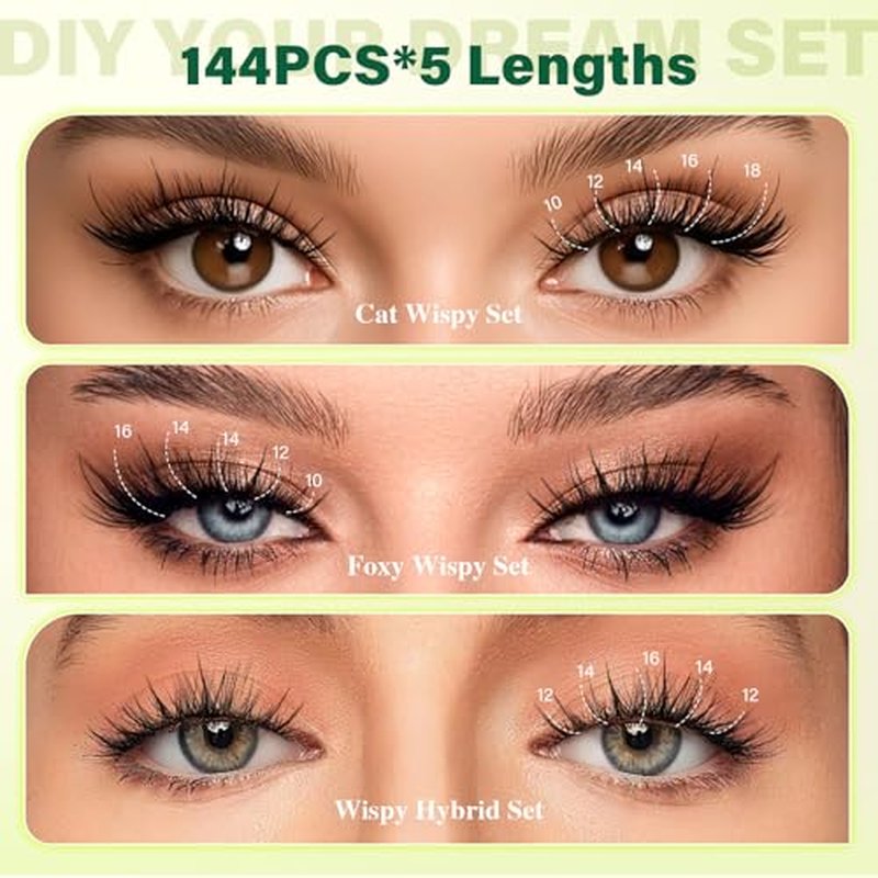 KEYYOU Lash Clusters Kit - 144pcs C Curl Wispy Lashes 8-18mm