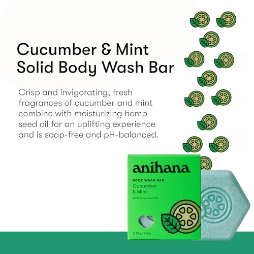 ANIHANA Body Wash Bar with Coconut Oil and Hemp Seed Oil, Soap Free, Moisturizing, Gentle, Soft Skin Care, Refreshing Cucumber & Mint Scent 2.8 Oz