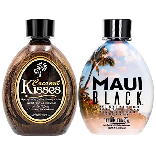 Ed Hardy Coconut Kisses Golden Tanning Lotion, 13.5 oz | BEST SELLERS | Tanning Paradise MAUI BLACK Tanning Lotion | Coconut Oil | Age-Defying | Tattoo Protecting Formula | Ultra Hydrating Dark Tanning Lotion, 13.5oz