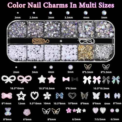 3D Assorted Nail Charms Gems, Bow Bowknot Butterfly Flower Acrylic Nail Art Charms, Half Round Nail Pearl and Rhinetones Charms for DIY Nail Art Accessories