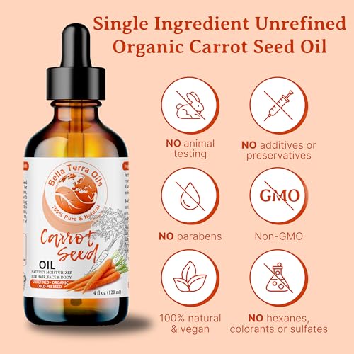 Bella Terra Oils - Organic Carrot Seed Oil 8 oz - Unveiling Organic Carrot's Enzymes & Nutritional Benefits, A Cold-Pressed Delight for a Natural Skin Glow