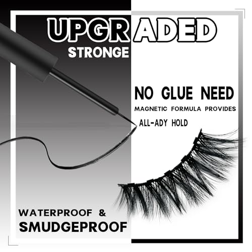 Magnetic Eyelashes with Eyeliner Kit, Synthetic Fiber, Natural Look, Waterproof, No Glue Required (Black+2)
