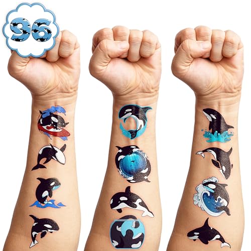 96 PCS Orca Pre-Cut Whale Birthday Party Decorations Favors Supplies Sea Ocean Killer Whale Temporary Tattoos Stickers for Girls Boys Cute Gifts School Prizes Rewards