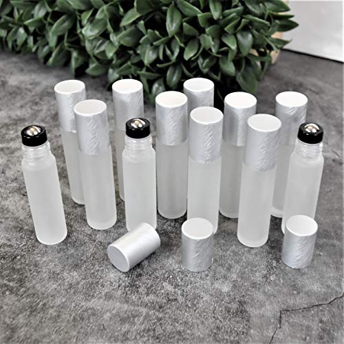 12-Pack Frosted Clear Glass Roller Bottles with Brushed Silver Leakproof Caps ? Premium Quality Empty Roll-On Bottles for Essential Oils, Perfumes, Serums, DIY Aromatherapy & Beauty Products