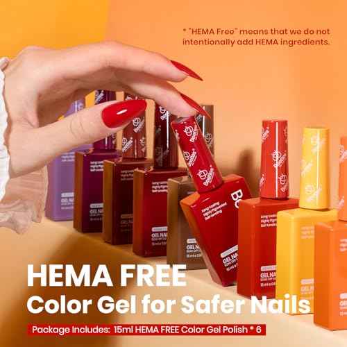 Beetles Orange Gel Nail Polish Set 6 Colors Burgundy Brown Dark Red Yellow Light Orange Fall Gel Polish Kit Soak Off UV LED Hema Free DIY Home Salon Gift for Women Autumn Dusk