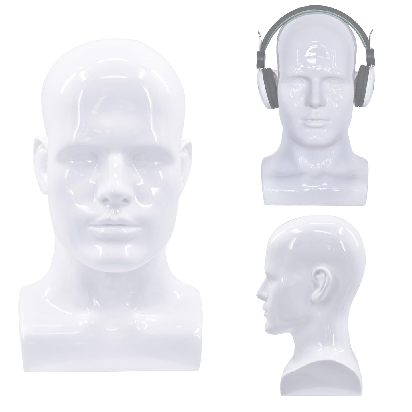 VEELTRAS Male Mannequin Head PVC Professional Head Model Male Cosmetology Manikin Head Display for Wigs Hat Mask Scarf Sunglasses with Mount Hole (Bright white)