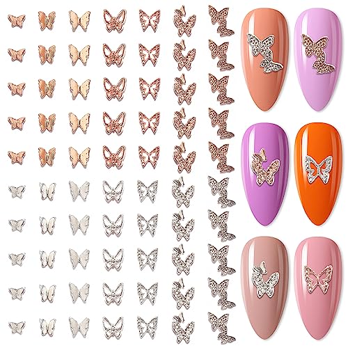 DANNEASY 60pcs 3d Metallic Nail Charms Gold Silver Nail Art Charms Flat-back Rose Flower Butterfly Bats Spider Alloy Nail Studs Jewels for Nail Decoration Craft