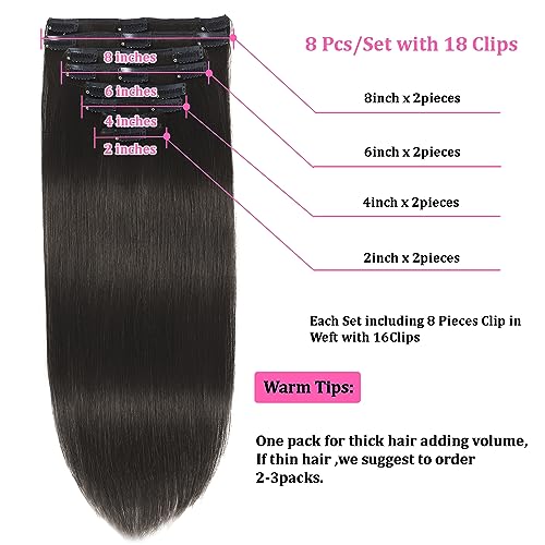 Clip in Hair Extensions Real Human Hair Clip ins Remy Human Hair Clip in Extensions Black Women Invisible Natural Straight Seamless Clip on Hair Extensions 8pcs Double Weft #1B 16 Inch 2.8oz/80g