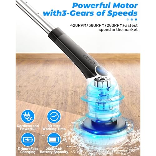 Electric Spin Scrubber,Bathroom Cleaning Brush,Shower Scrubber with Long Handle 8 Replaceable Brush Heads Voice Broadcast 3 Rotating Speeds,Tub Scrubber,Cordless Power Cleaning Brushes Floor Tile